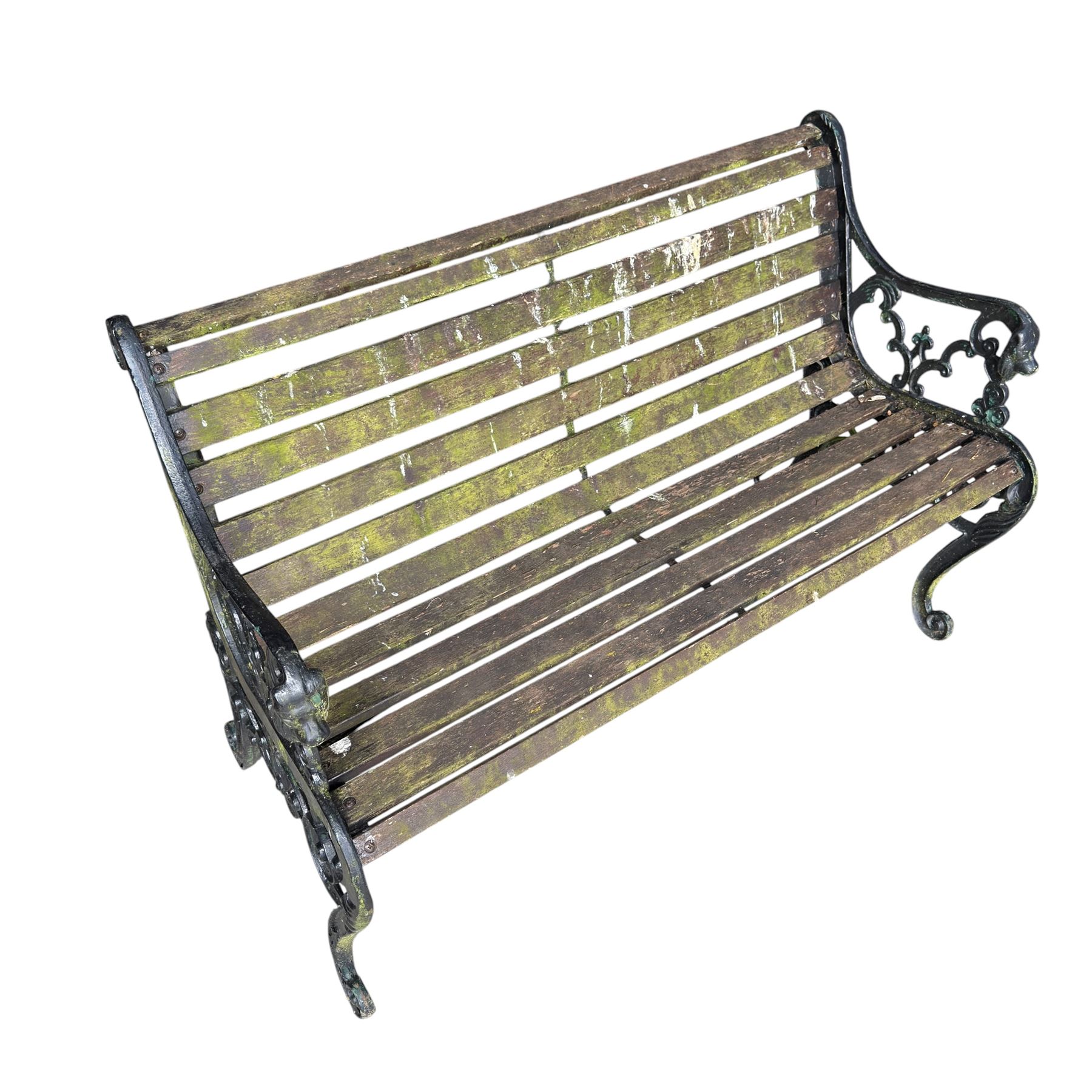 Pair of Victorian Revival Coalbrookdale design 'Dog and Serpent' pattern benches with slatted seats, the cast iron end supports of pierced and scrolling design with dog mask arm terminals