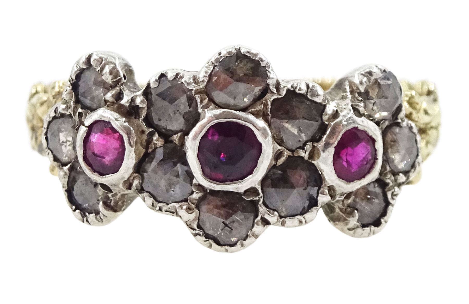 19th century 14ct gold and silver ruby and rose cut diamond flower head cluster ring, with foliate design shoulders