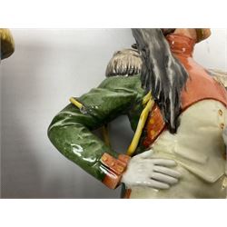 Group of seven Capodimonte figures of soldiers, to include four Bruno-Merli examples including Officer of the 12th Lancers 1820 and Captain of the 18th Hussars 1815, both raised upon ornate gilt plinths bearing British monarch motto in Latin 'Dieu et mon droit', and three further similar, all with crowned N mark beneath, tallest H32cm