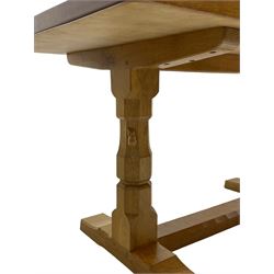 Mouseman - oak dining table, adzed rectangular top on twin octagonal pillar supports, sledge feet united by floor stretcher, by the workshop of Robert Thompson, Kilburn 