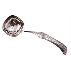 Mid 19th century Dutch silver 833 standard soup ladle, with rounded rectangular bowl, the shaped and curved stem engraved with foliate scrolls, marked with Lion Passant, Minerva Head with letter A for Amsterdam, date letter for 1847 and makers mark, approximate L30cm, approximate weight 4.52 ozt (140.6 grams)