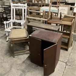 American style rocking armchair (W55cm); two clothes horses; piano stool with hinged lid; frameless wall mirror; pine shelf; pine rack; walnut shelf; walnut two door cabinet; early 20th century oak picture frame; and a Victorian pine frame (10) - THIS LOT IS TO BE COLLECTED BY APPOINTMENT FROM THE OLD BUFFER DEPOT, MELBOURNE PLACE, SOWERBY, THIRSK, YO7 1QY