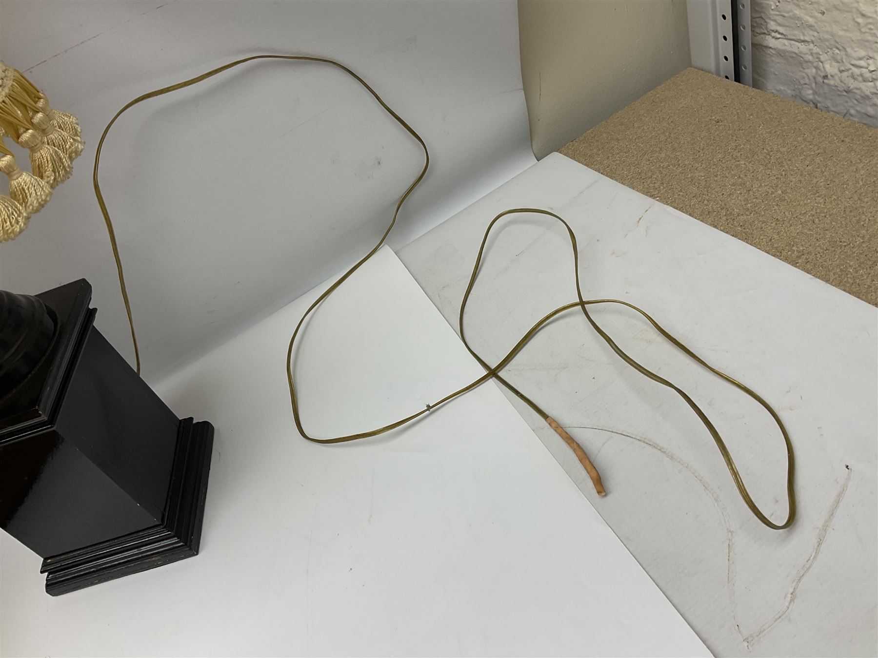 Coal bucket painted with flowers together with pair of bellows, boot scraper in the form of a beetle, wooden guillotine, composite table lamp with tassel lampshade and one other