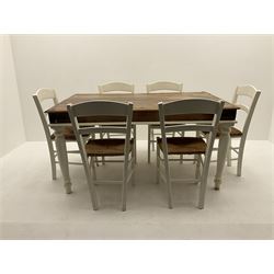 Mexican painted and polished pine rectangular dining table, raised on turned supports (W150cm, D90cm, H76cm), together with six chairs, rush seat raised on square supports (W40cm)