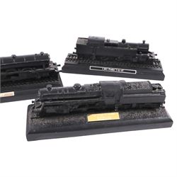 Six British coal models of trains, including Mallard, BR Mogul, Prairie Tank, etc