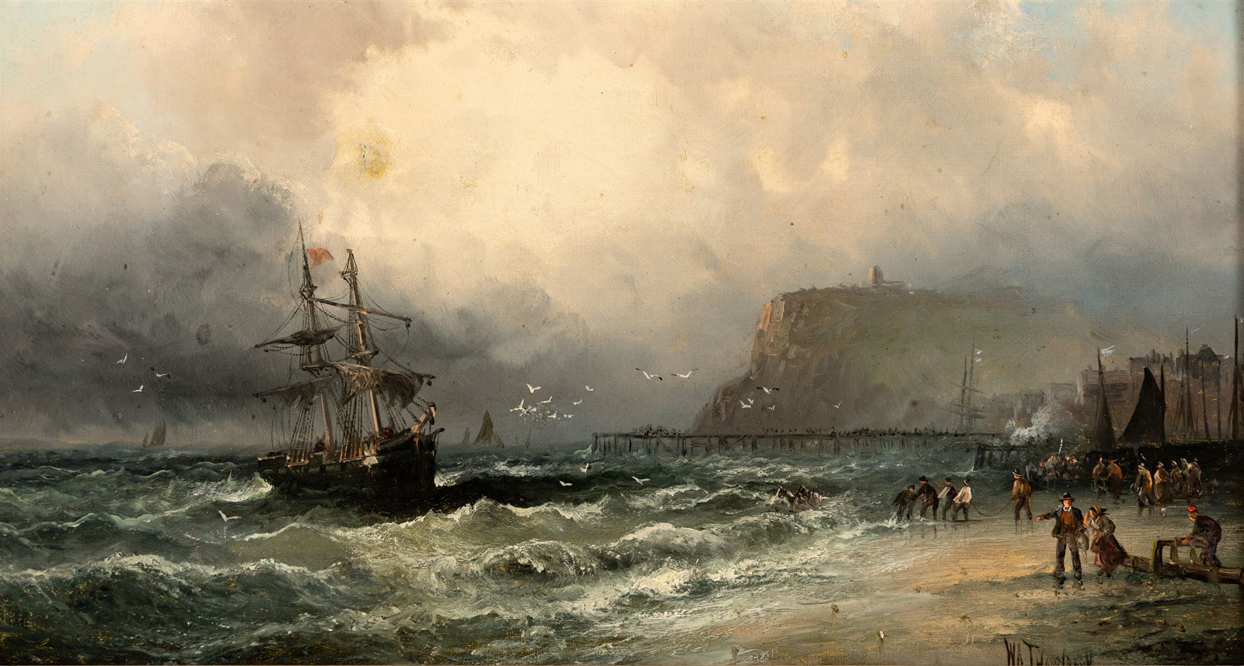 William Anslow Thornley (British fl.1858-1898): 'Rough Weather - North Bay Scarborough', oil on canvas signed with pseudonym WA Thornbery, titled on the stretcher verso 24cm x 44cm