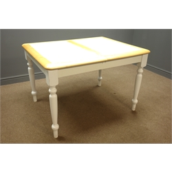  Farmhouse style extending beech table (W92cm, H75cm, D115cm (closed)), with four matching wheel back chairs  