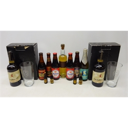  Two boxed Theakston 2004 Celebration Ales with glasses, Ltd. ed No.1323 & 1320, two bottles of Bass Jubilee Stout, Russell's Imperial Stout, Cameron's Crown Ale, Carling Black Label Lager, Lowenbrau Light, four Guinness miniatures, & a bottle of John J Hunt of York Orange Bitters, (12)  