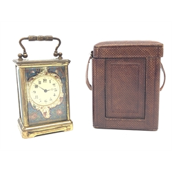  Small 19th century French brass and champleve enamel carriage time piece, with cream Arabic dial, H12cm,with key in red leather carry case   