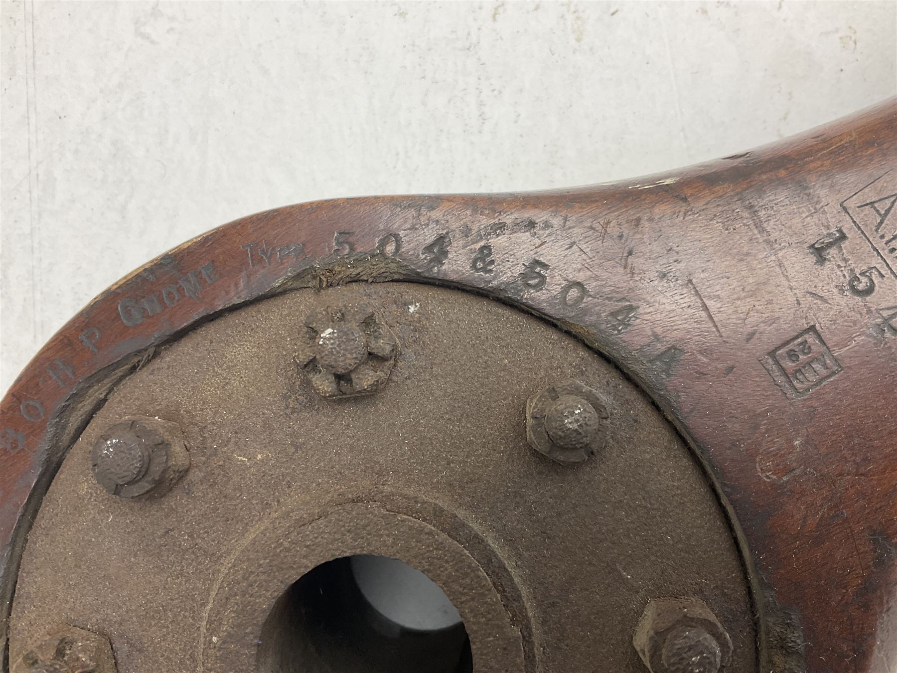 Early 20th century Avro 504 80HP Gnome laminated mahogany two-blade propeller with metal centre to the hub, stamped to the face of the hub 'AVRO Y80 80HP GNOME TYPE 504 & 504A A.I.D.29 A.I.D.32 1545' and to the sides of the hub '2744 DIA 1829 PITCH' and '1470'; traces of A.V. Roe & Co Ltd Manchester transfers to both blades L273.8cm; Auctioneer's Note: The Avro 504 was introduced in 1913 and was quickly taken up by the Royal Flying Corps as a trainer and observation machine; robust and versatile it remained in general service as a trainer until the late 1920s then widely for civilian use as a joy-rider and for stunt displays. The legendary RAF WWII ace, Douglas Bader, took instructions and would have had his first solo flight in just such a machine.