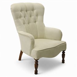 Late 20th century cream upholstered nursing chair, high button-tufted back with shaped win...