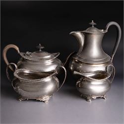 Victorian four piece silver tea service, comprising teapot, hot water pot, open sucrier an...