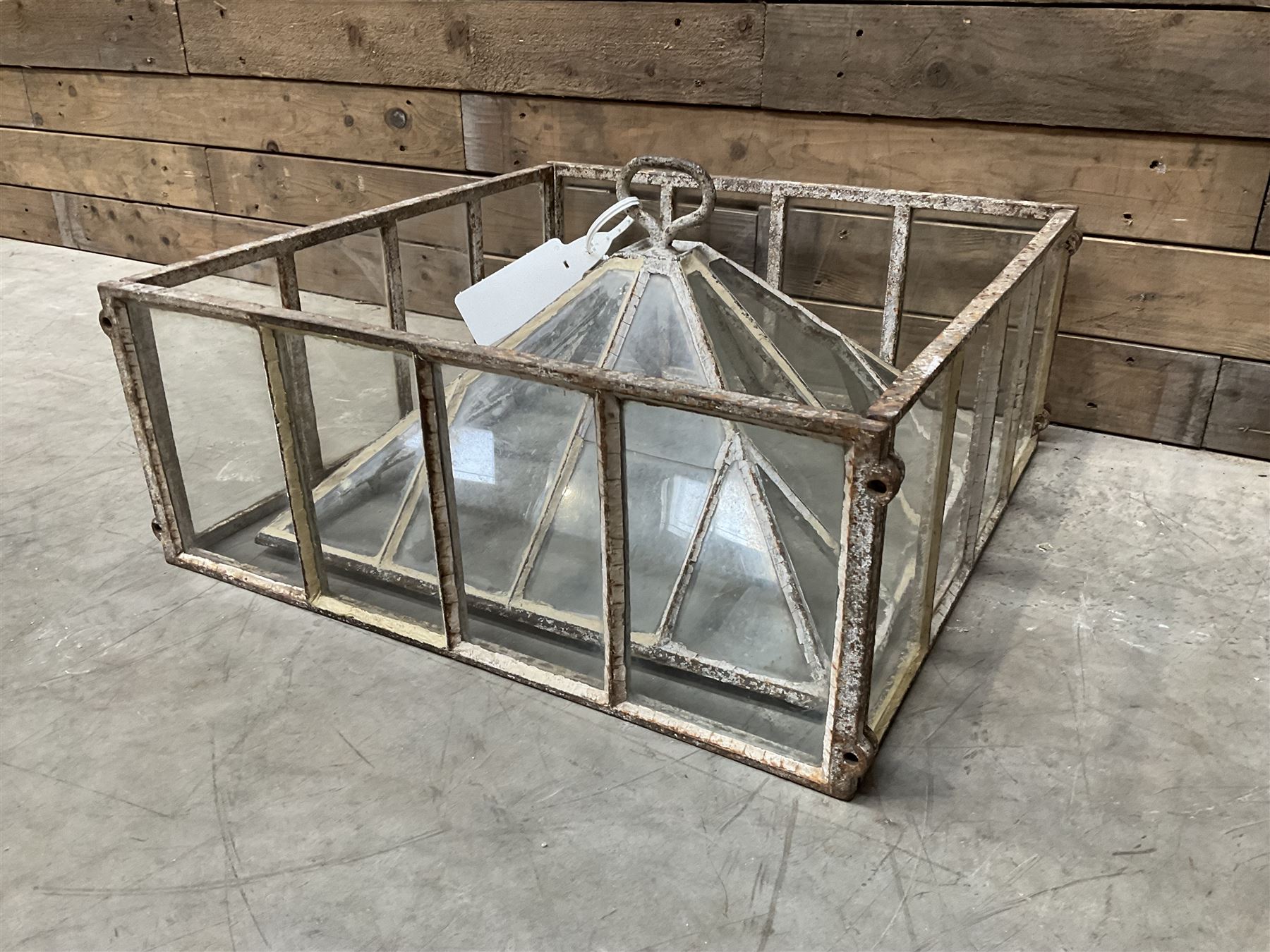 Victorian painted iron framed square garden cloche lantern, with associated sides (larger than the top piece), no fittings