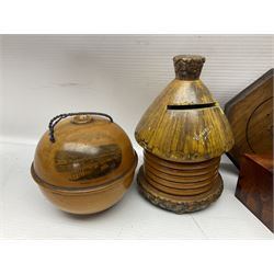 Mauchlin Ware spherical string dispenser, Mauchlin Ware tartan egg and a collection of other wooden and lacquer boxes, 
