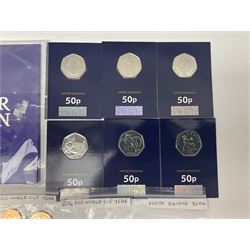 Queen Elizabeth II mostly commemorative coinage including Isle of Man 2019 'The Peter Pan fifty pence collection', six brilliant uncirculated fifty pence coins on Change Checker cards, etc.