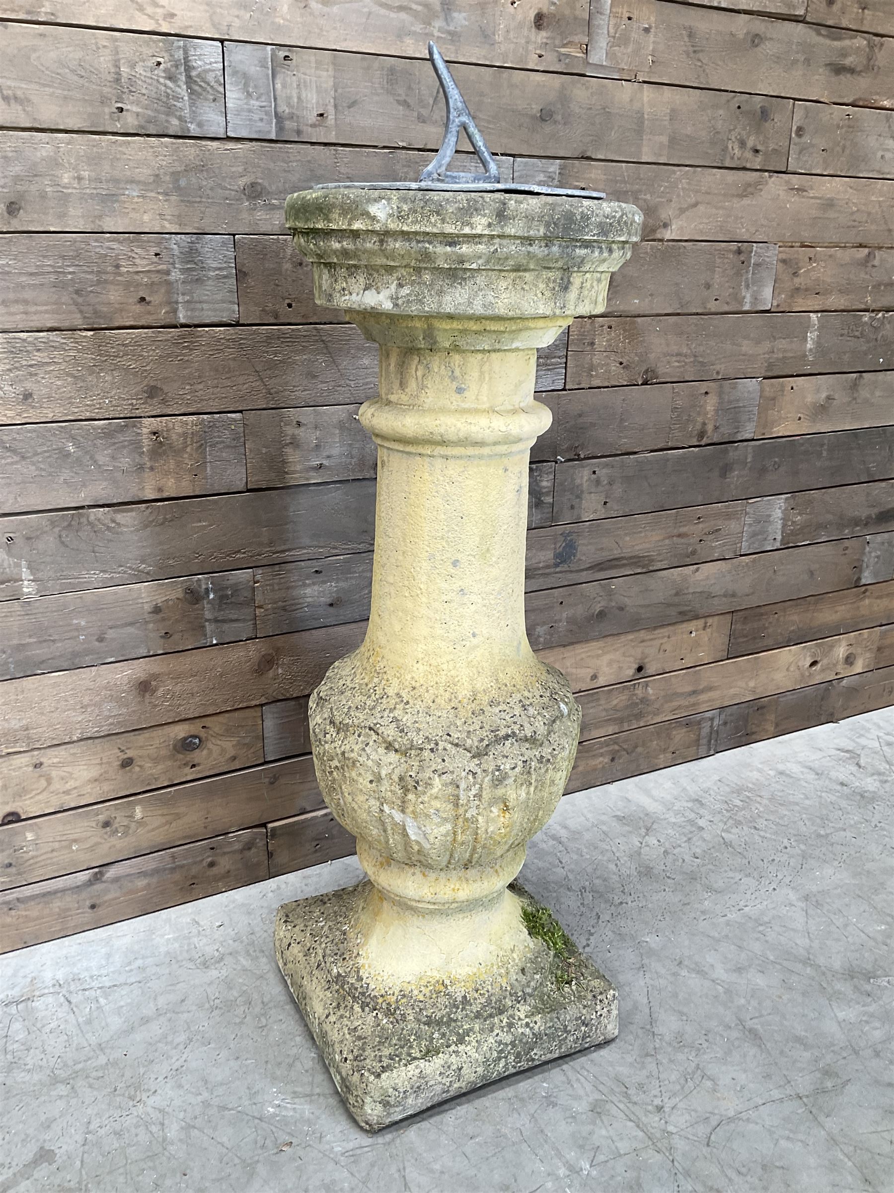 Victorian design cast stone sun dial, circular column with lead NESW plate