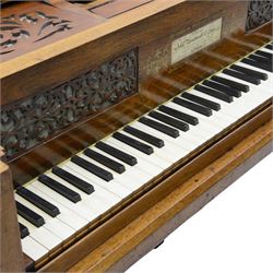 John Broadwood & Sons- Mid-19th century square piano in a light mahogany case serial No 57168 (1840), with four taper turned legs on castors and conforming sustaining pedal, with a 6 octave compass F1-G6 with 63 ivory and ebony keys, makers name with brass inlay and silk backed fretwork above the keys, recently restored action with new hammer heads, damper felts and strings, bi-strung with a steel brace and metal hitch pin plate with faux marbled decoration. 
This item has been registered for sale under section 10 of the APHA Ivory Act, Reference BS3HW755