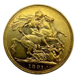 Queen Victoria 1891 gold full sovereign coin, Melbourne mint