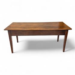 19th century provincial elm and oak farmhouse table, rectangular plank top above two frieze drawers fitted with turned wooden knobs, raised on square tapering legs
