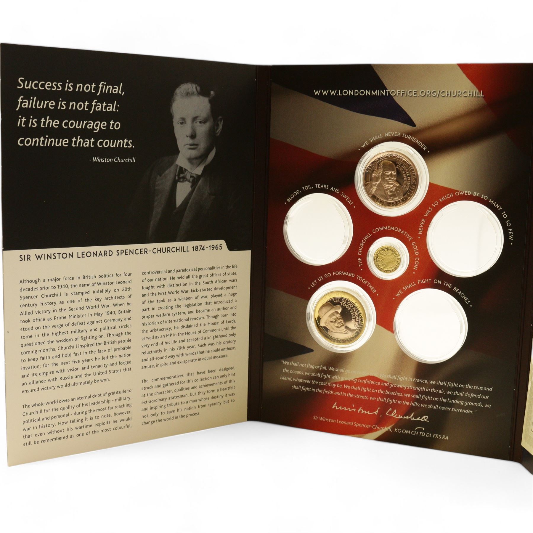 The London Mint Office 'Winston Churchill Inspiration To A Nation', part coin set including Queen Elizabeth II Gibraltar 2015 24 carat gold 3.112 grams ten pound coin etc, in card folder