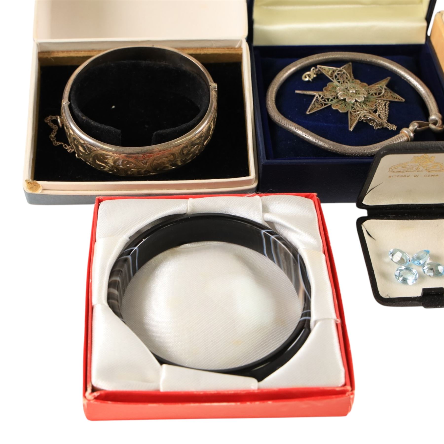 Silver jewellery, including bangles, heart locket, fob, silver thimble, costume jewellery and four loose stones