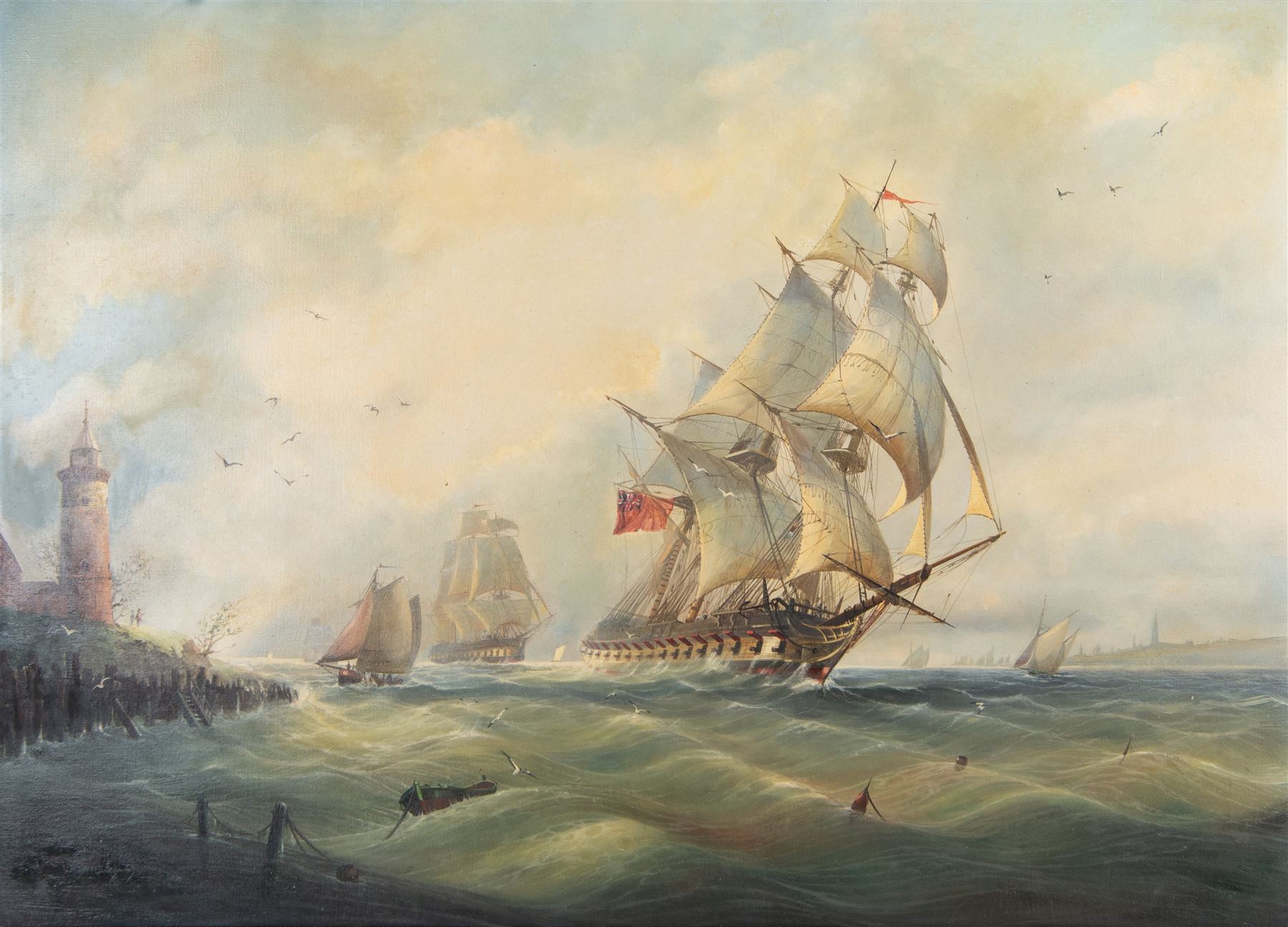 Michael J Whitehand (British 1941-): HMS Serapis and other British Vessels off the Coast, oil on canvas signed and dated '85, 65cm x 90cm