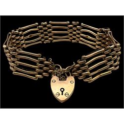 9ct gold five bar gate bracelet with heart padlock clasp, stamped 9c