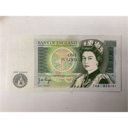 Great British and World banknotes, including Bank of England Page one pound '74A', five United States of America series 1976 two dollar bills, Japanese banknotes, German WWII period notes etc