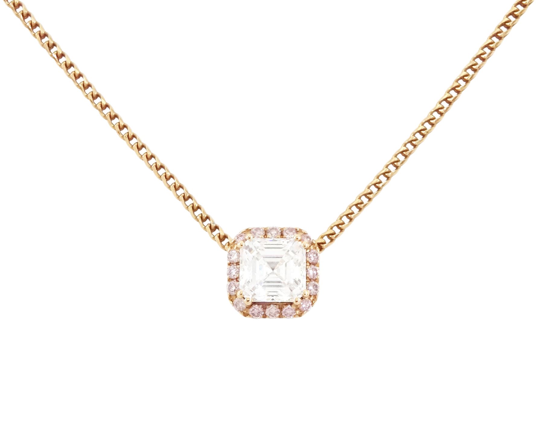 18ct rose gold diamond pendant necklace, the principal asscher cut white diamond of 0.71 carat, with round brilliant cut fancy pink diamond surround, total pink diamond weight 0.12 carat, with International Gemological Report