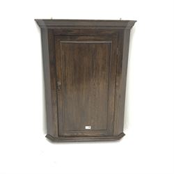 19th century oak pan corner cupboard, projecting cornice, single doors, W65cm, H88cm, D43cm