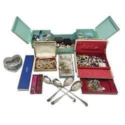Edwardian silver facsimile coronation spoon, hallmarked Gourdel Vales & Co, Birmingham 1901, EPNS serving spoons, coins and a collection of vintage and later costume jewellery