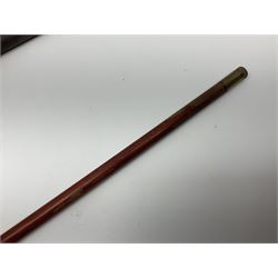 19th century continental folding knife with 15.5cm single edged blade, the pierced brass and iron handle with remains of horn grips L21.5cm overall closed; turned horn handled knife with foliate engraved blade; battlefield relic German 1884/98 knife bayonet; iron spear head; leather covered swagger stick; and two-piece gun cleaning rod