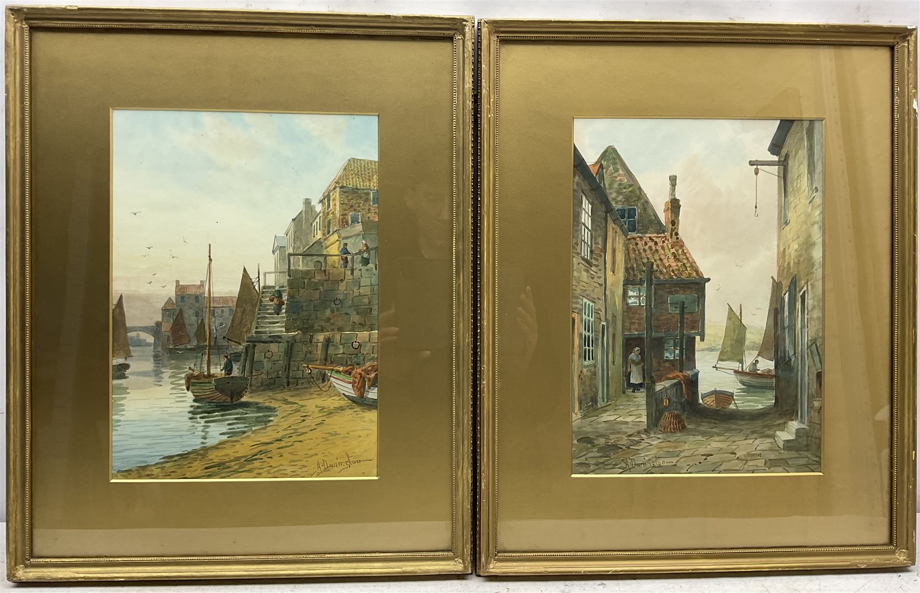 Albert Dunnington (British 1860-1928): Tin Ghaut and Whitby Harbour, pair watercolours signed 35cm x 25cm (2)