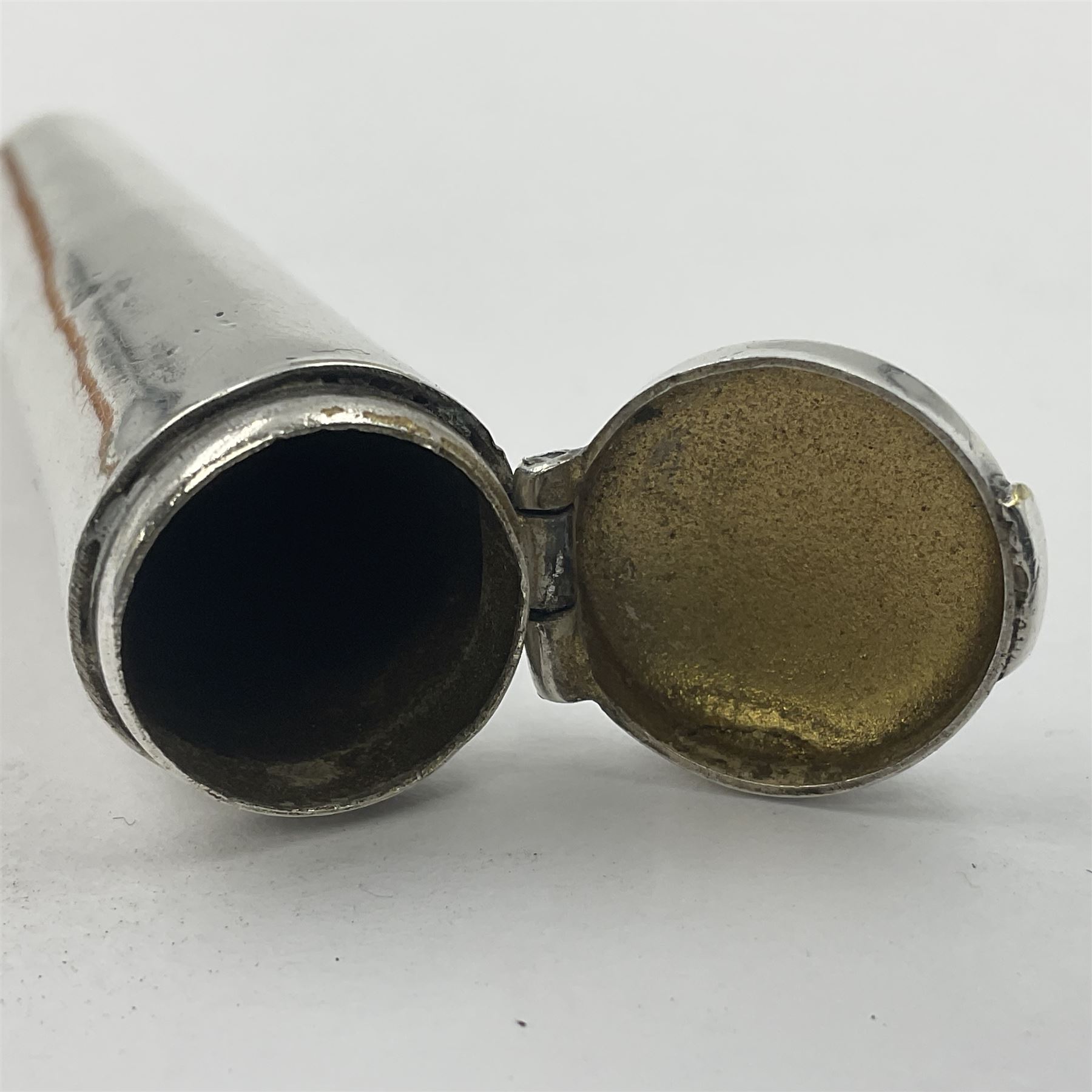 Two cheroot holders, one example with 9ct gold collar, together with two Victorian silver cheroot holder cases, both of typical form, one with personal engraving to cover, hallmarked Sampson Mordan & Co, London 1896