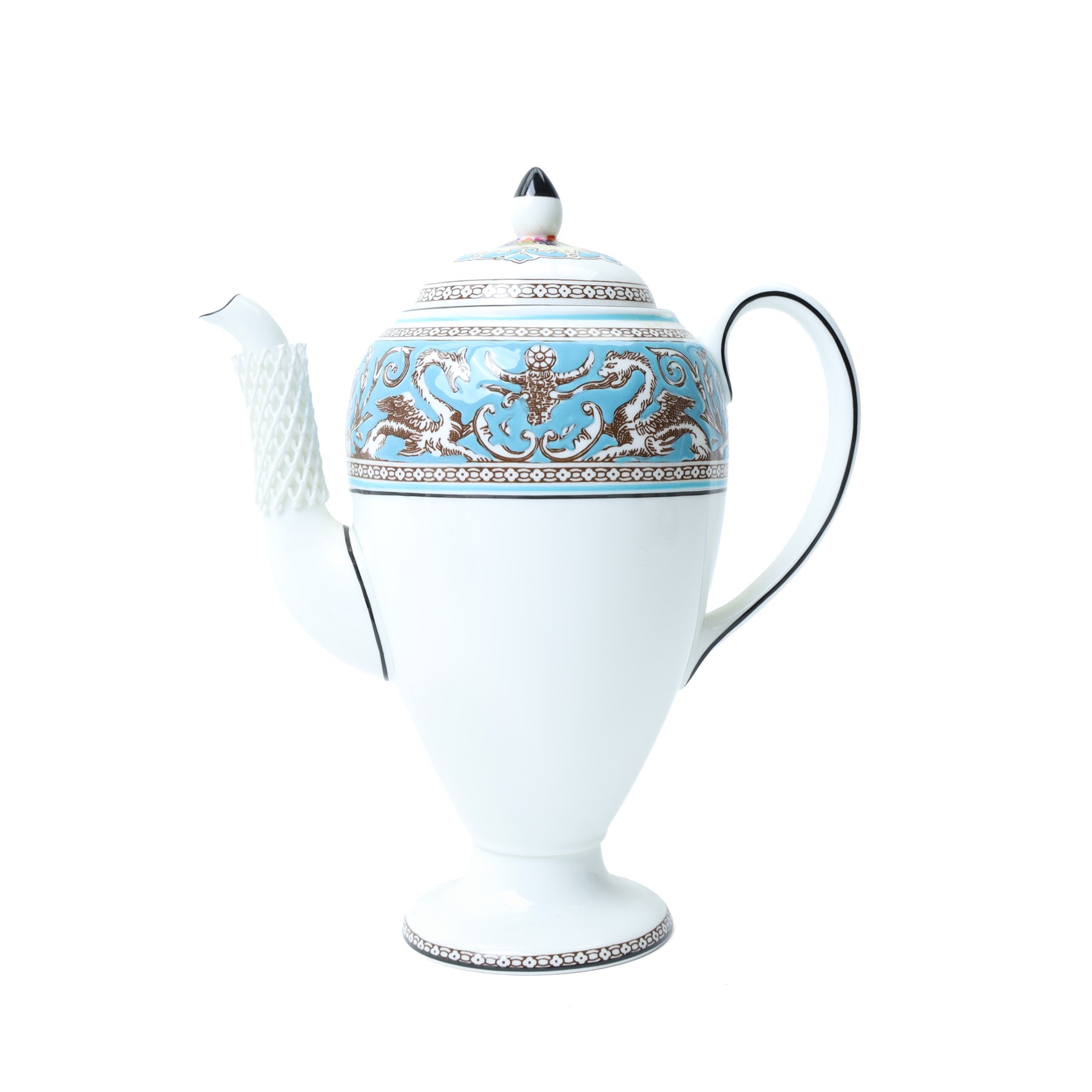 Extensive Wedgwood Turquoise Florentine part service tea, dinner and coffee service for six covers comprising six dinner plates, six dessert plates, six soup bowls and stands, pair of vegetable dishes and covers, gravy boat ad stand, oval meat plates, six tea cups and saucers, six coffee cans and saucers, six tea plates, teapot, coffee pot, sucrier and cover, sugar bowl, milk and cream jugs and cake plate, 72 pieces