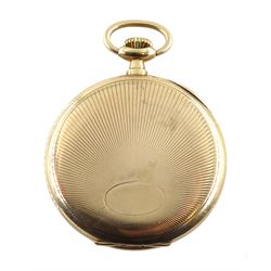 Early 20th century Swiss 9ct gold open face, keyless slimline pocket watch, Poinçon de Maître hammer head, No.115, blue Arabic numerals and subsidiary seconds dial, engine turned sunburst back case with cartouche, London import marks 1926