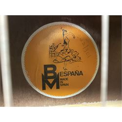 Spanish BM acoustic guitar with mahogany back and sides and spruce top L101cm; in cello carrying case; Roland foot pedal and two Yamaha foot pedals; tin D# organ pipe; folding music stand etc