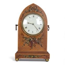 Edwardian painted mahogany lancet clock, arched case with brass side handles, 8-day moveme...
