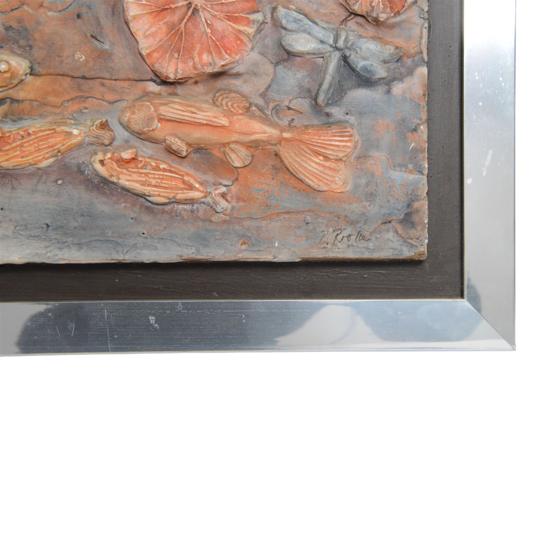 Bernard Rooke (British 1938-): Dragonflies above a Fish Pond, plaster relief, signed, H60cm, W52cm