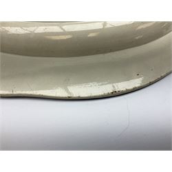 Late 18th/early 19th century pearlware platter, possibly John Warburton of Cobridge, of shaped oval form with shell/feather edge, the centre decorated in the Chinese manner with islands and huts, impressed verso I. Warburton, L43cm
