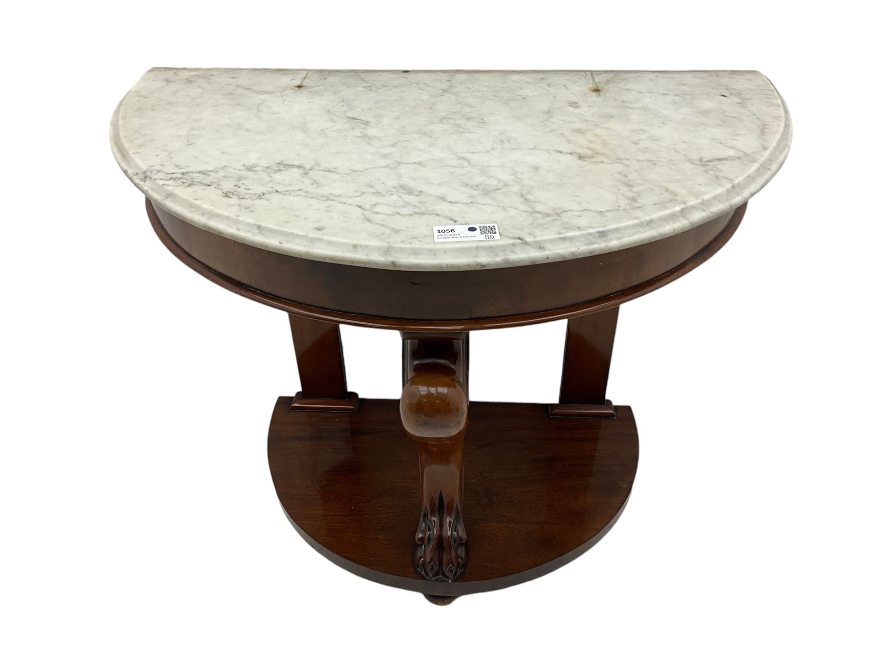 Victorian mahogany and marble demi-lune console table, moulded white and grey veined marble top, on cabriole support carved with paw, demi-lune undertier over compressed bun feet 
