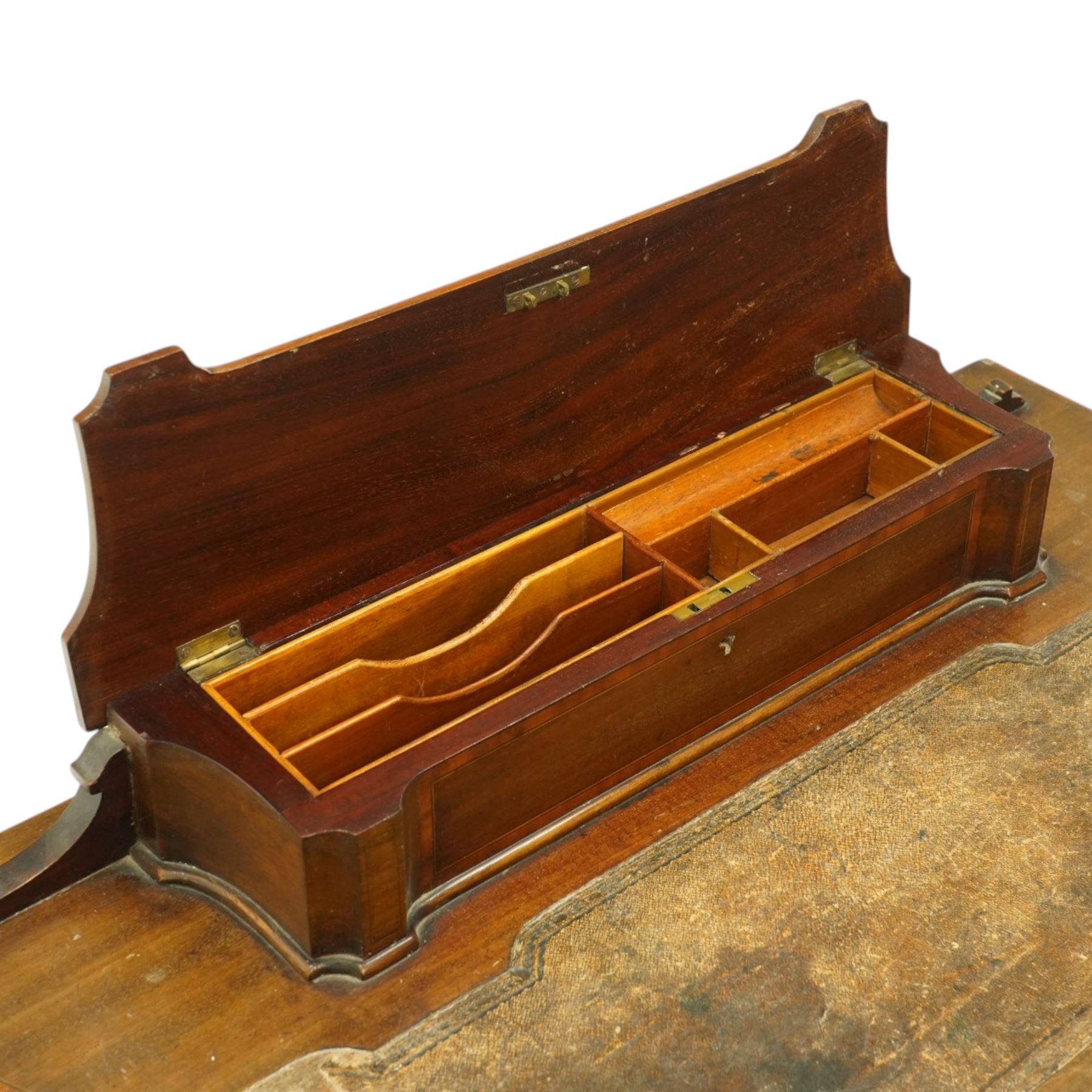 Edwardian inlaid mahogany ladies writing desk, shaped top surmounted with lidded stationary compartment, above a singular drawer, on slender tapering supports