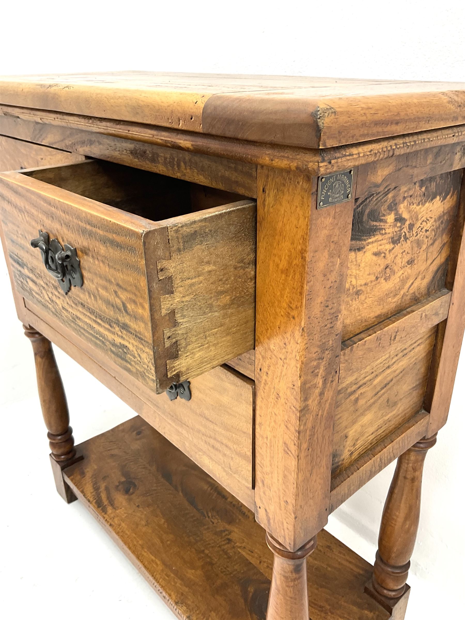 Ancient Mariner - hardwood side table, rectangular top over two short and one long drawer, turned supports joined by undertier