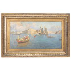 Edward Caruana Dingli (Maltese 1876-1950): Fort St Angelo and the Grand Harbour Valetta Malta, oil on canvas laid on board signed 29.5cm x 55cm
Provenance: deceased estate Lincolnshire
Notes: probably a preliminary oil for the watercolour used for the book 'The Colour and Life of Malta', from original paintings by Edward Caruana Dingli, published by Critien’s c1925
