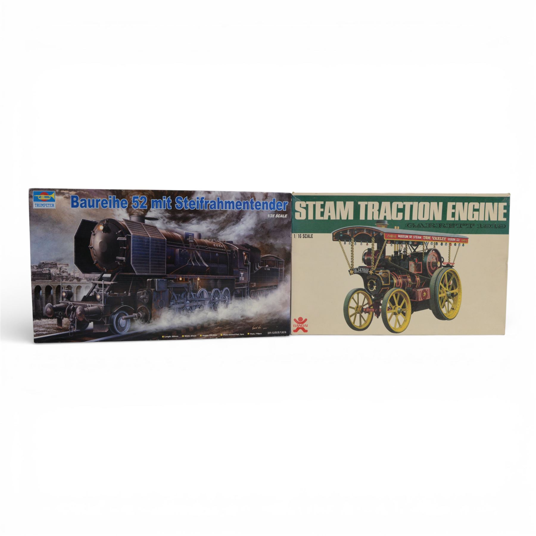 Two model kits, comprising Bandai 1/16 scale Classic Car Series Steam Traction Error Garrett 1919 and Trumpeter 1/35 scale Baureihe 52 mit Steifrahmentender, both boxed