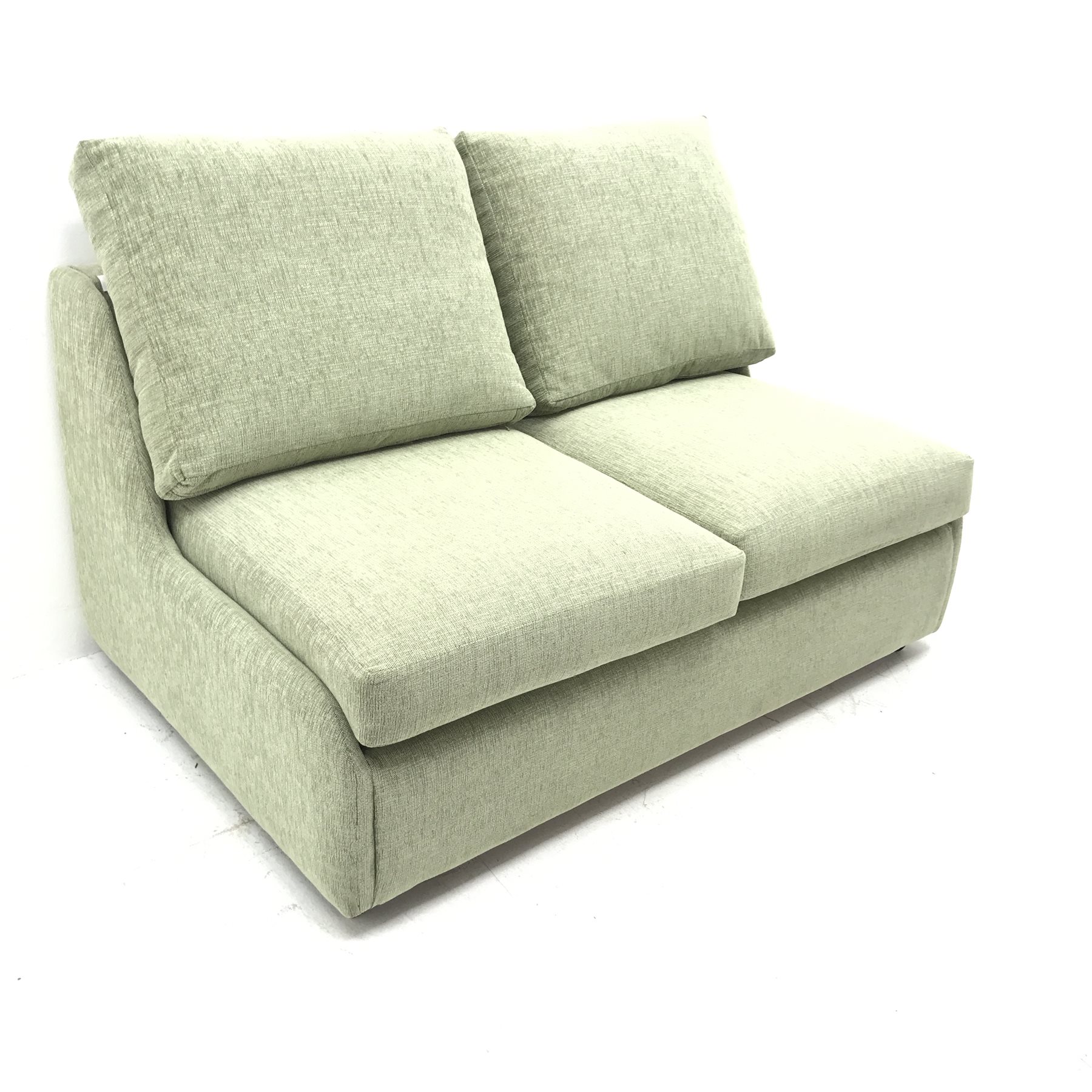 Two seat sofa bed upholstered in lime green fabric, W140cm The