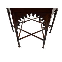 Liberty & Co circa 1890 - walnut centre table, hexagonal form, fretwork frieze, star stretcher base, turned supports on button feet. Stamped on underside.
Featured in - Pictorial Dictionary of British 19th century Furniture Design, Daryl Bennett Liberty's Furniture, 1875-1915, The Birth of Modern Design.
Liberty Style, The Classic Years, 1898 - 1910, by Mervin Levy.