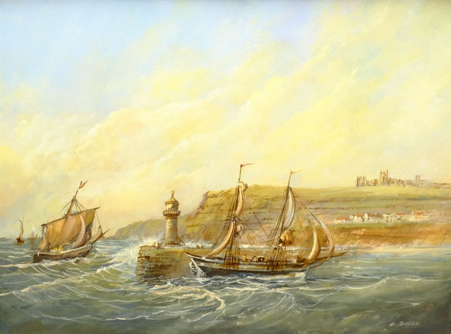Colin Russell (British 1932-2009): Fishing Boats returning to Whitby Harbour, oil on canvas signed 44cm x 60cm; Roy (Royston) Buckley (British 20th century): 'Scarborough Pierhead 1890', acrylic on board signed 46cm x 62cm (2)