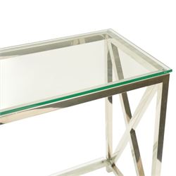 Modern chrome console table, rectangular plate glass top on polished chrome frame, the sides formed with X-frame stretchers, raised on square supports with lower glass tier 