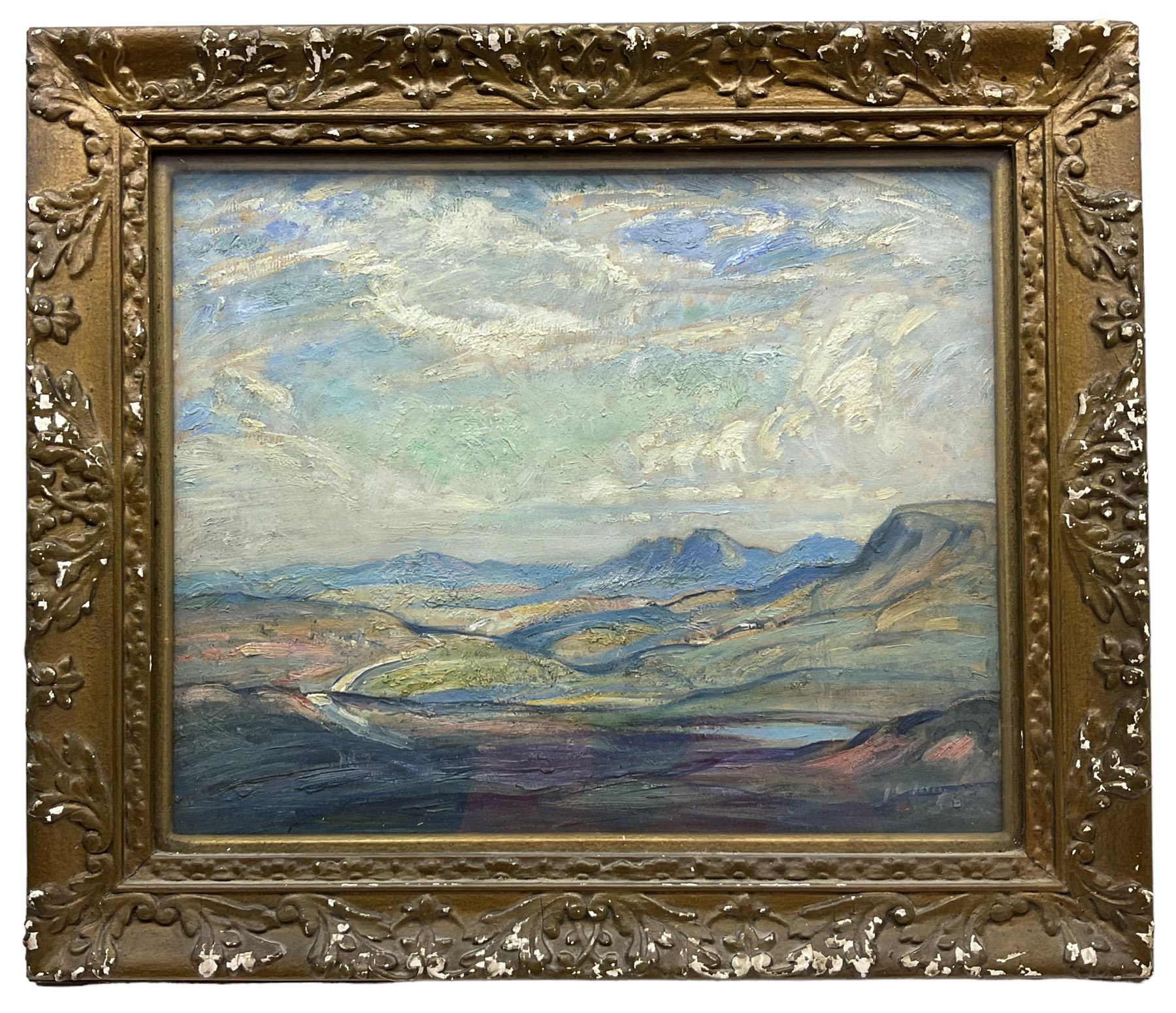 Joseph Alfred Terry (Staithes Group 1872-1939): 'The Crest of the Pennines', oil on board signed, titled on exhibition label with artist's address verso 32cm x 39cm